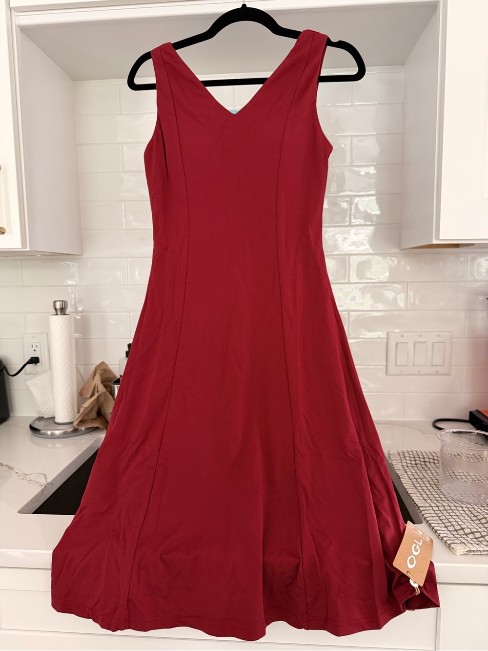 OGL Red Stretch Ponte V-Neck A-Line Midi Bra Dress
